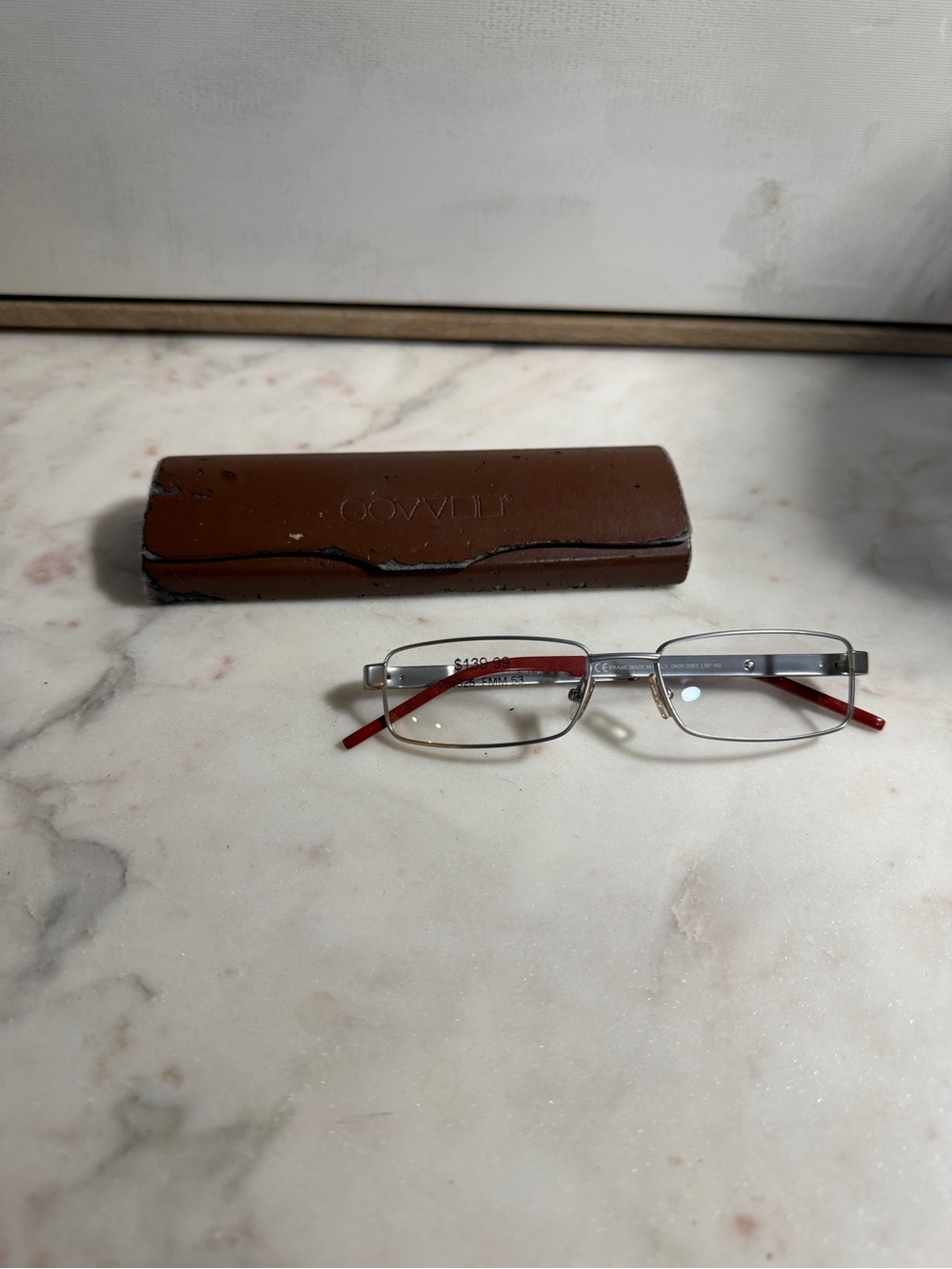 NWT Dior Homme Silver Rectangular Eyeglass Frames with Red Temples